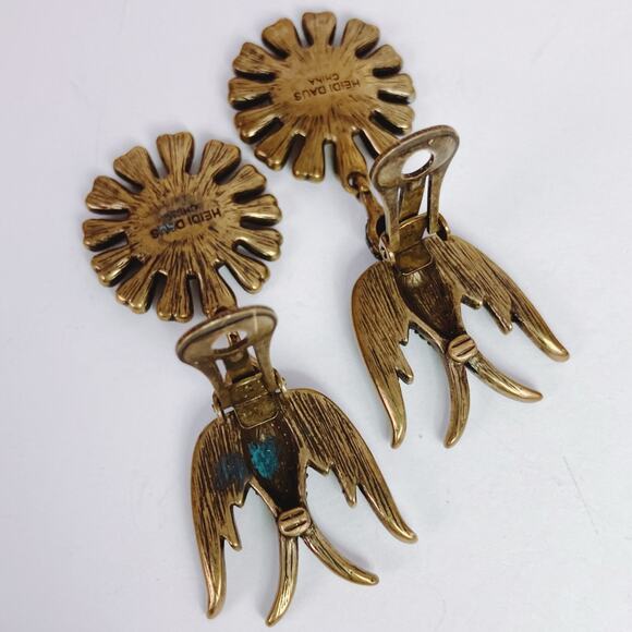 Vintage Signed Heidi Daus Blue Crystal Bird Clip On Earrings Faux Pearl READ - Picture 8 of 12